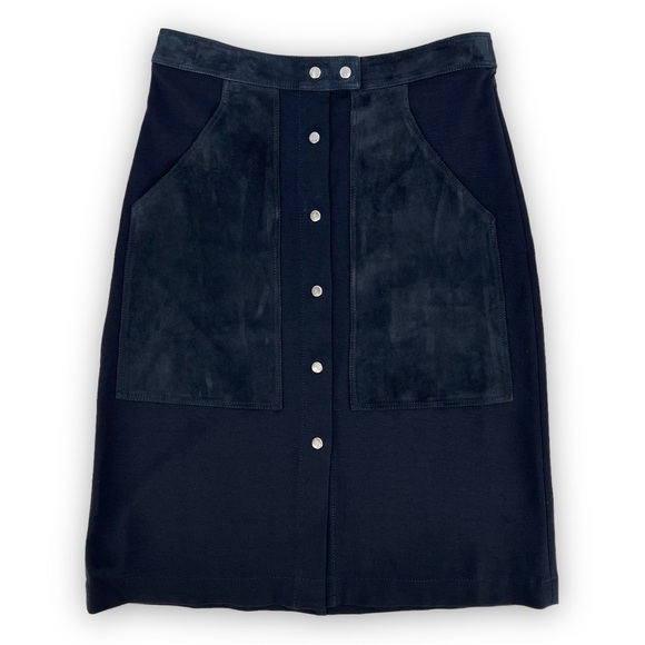 Theory Navy Suede Accent Front Button Midi Skirt - Picture 2 of 8